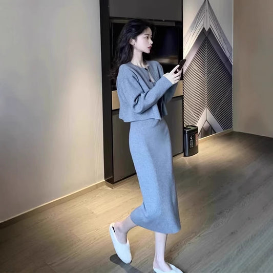 Slim Fit Sweater Knitted Suspenders Dress Two-piece Set