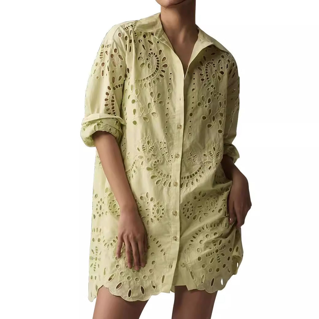 Women's Loose Long-sleeved Casual Hollow Pleated Shirt