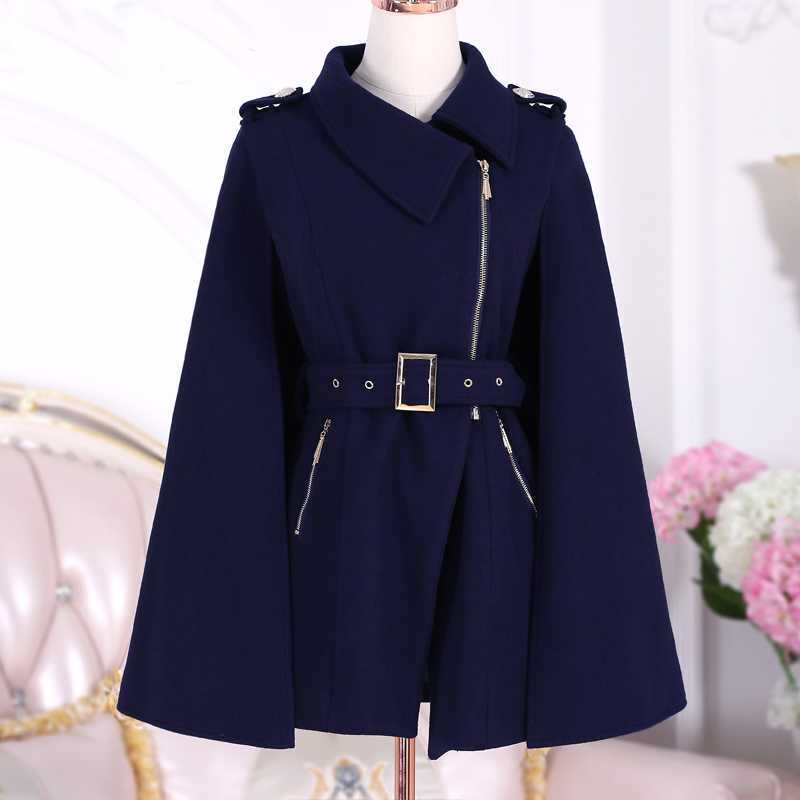 Women's Dark Blue British Zipper Cloak Woolen Coat
