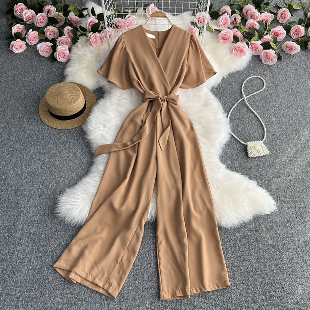 Retro Fashionable Temperament V-neck Short-sleeved Waist Jumpsuit