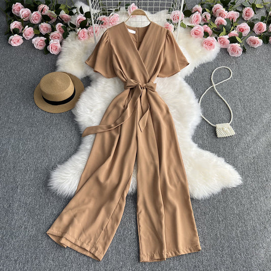 Retro Fashionable Temperament V-neck Short-sleeved Waist Jumpsuit