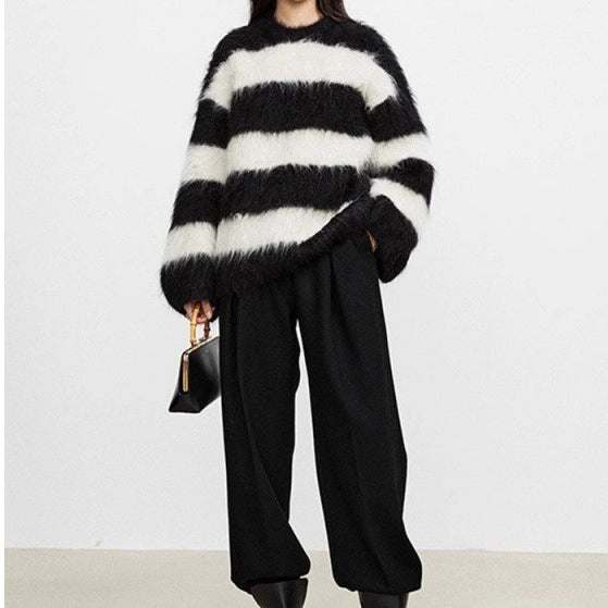 Women's Casual Round Neck Striped Artificial Mink Fur Sweater