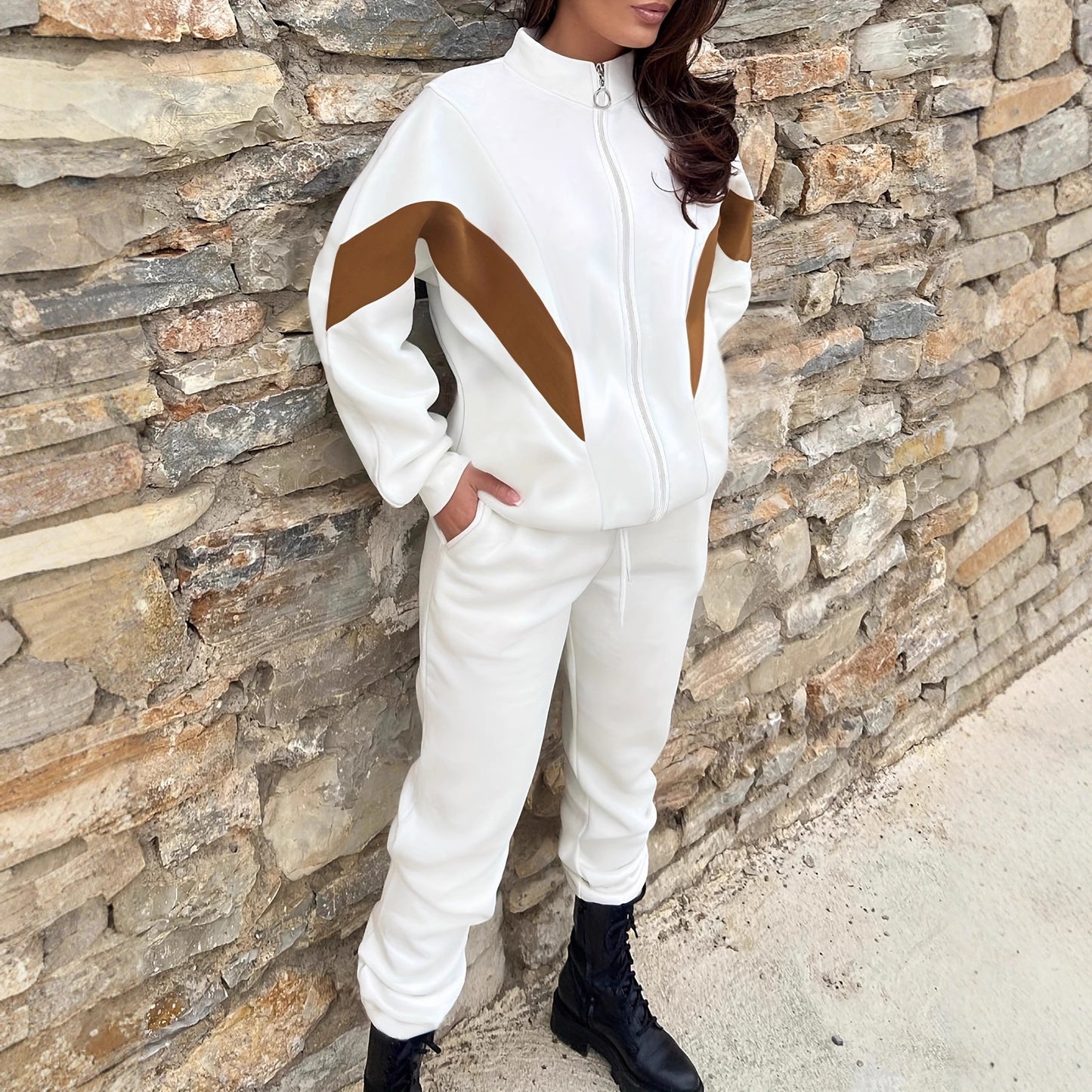 Versatile Color-blocked High-neck Jacket And Tapered Pants Two-piece Set