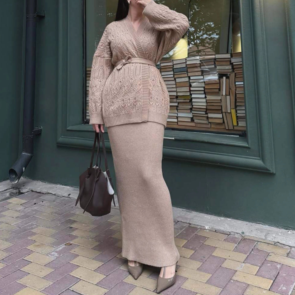V-neck Cardigan With Tie Details, A Loose-fitting, Versatile Knit Sweater Dress Set