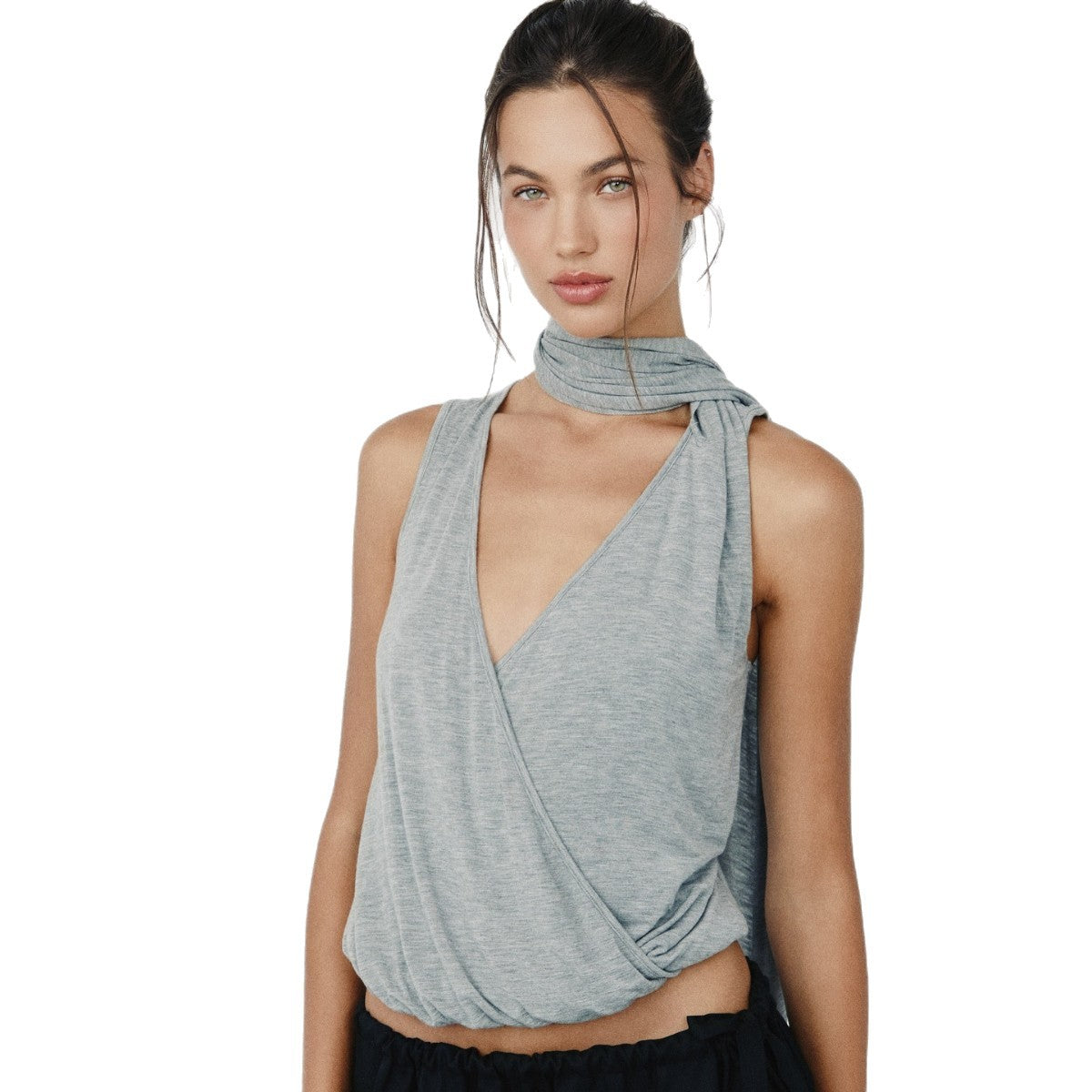 Deep V-neck Side-waist Pleated Slim-fit Tank Top With Ribbons