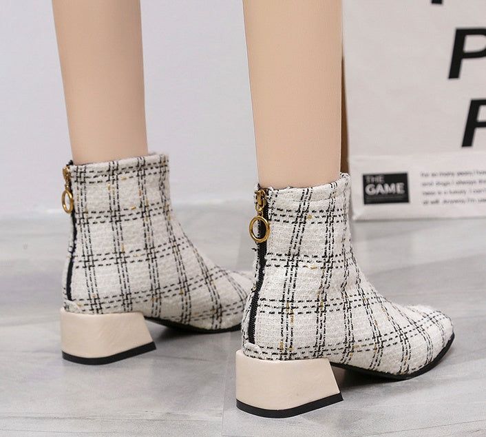 Autumn And Winter Plus Velvet Warm Plaid Martin Boots With Zipper Tips