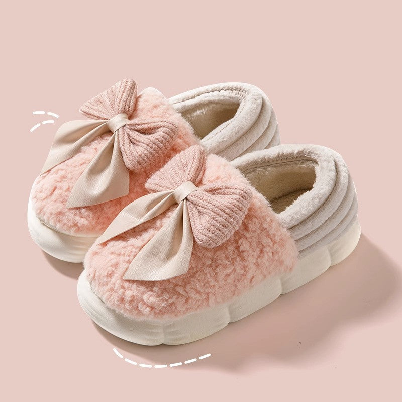 Store Sløjfe Fluffy Hjemmesko Vinter Varme Hjemmesko Med Hæl Bomuldssko Mode Tyksålede Platform Hjemmesko Indendørs og Udendørs Have Vandresko