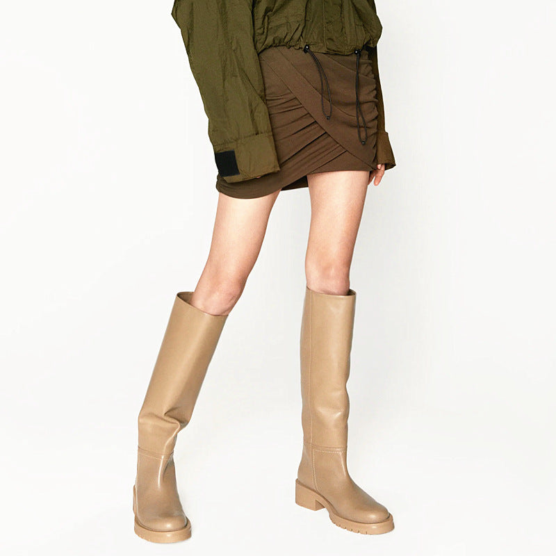 Leather Flat Round Toe Sand Brown Below The Knee High Leg Boots