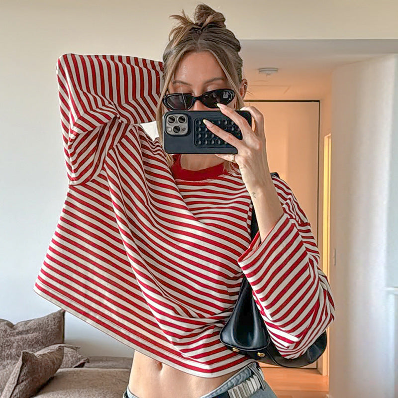 Fashion Striped Loose Contrast Color Round Neck Long Sleeve T-shirt