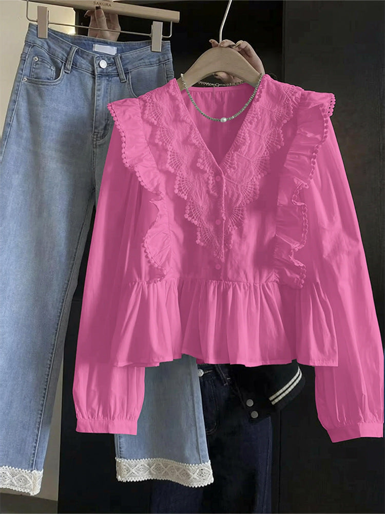 Womens Casual Solid-Color Lace-Patchwork Ruffle-Trim Long-Sleeve Top