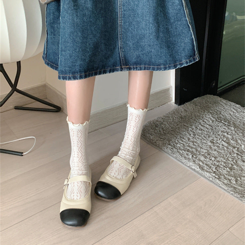 Thin Mesh Solid Color Hollow Wooden Ear Mid-calf Length Loose Socks Breathable Sweat Absorbing