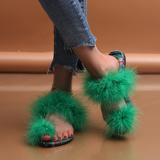 Women's New Candy Color One-Line Fashion Outer Wear Fur Slippers