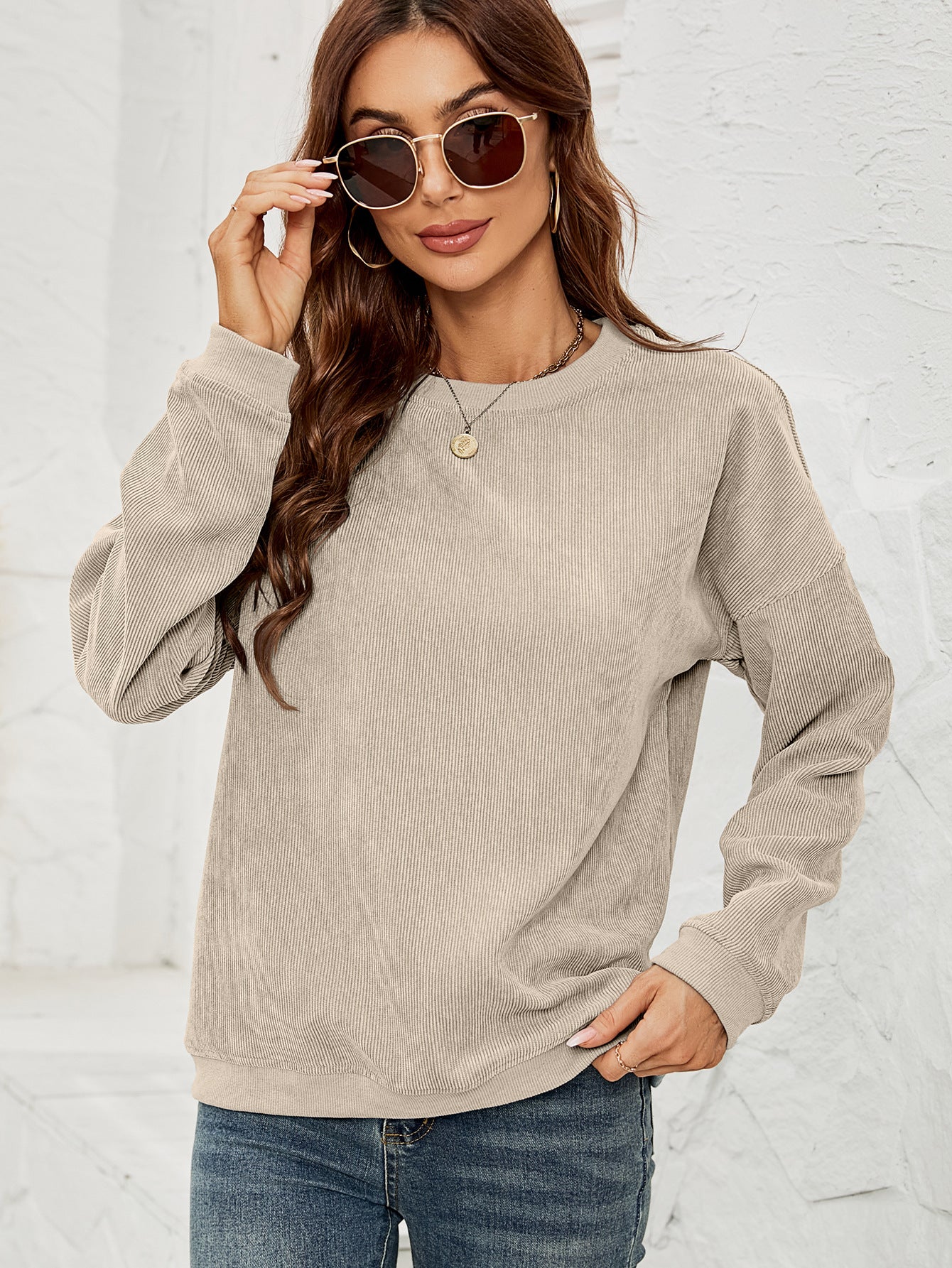 Fløjls Pullover Sweatshirt Afslappet Mode Ensfarvet Rund Hals Langærmet Toppe Forårs- Og Efterårstøj Til Kvinder