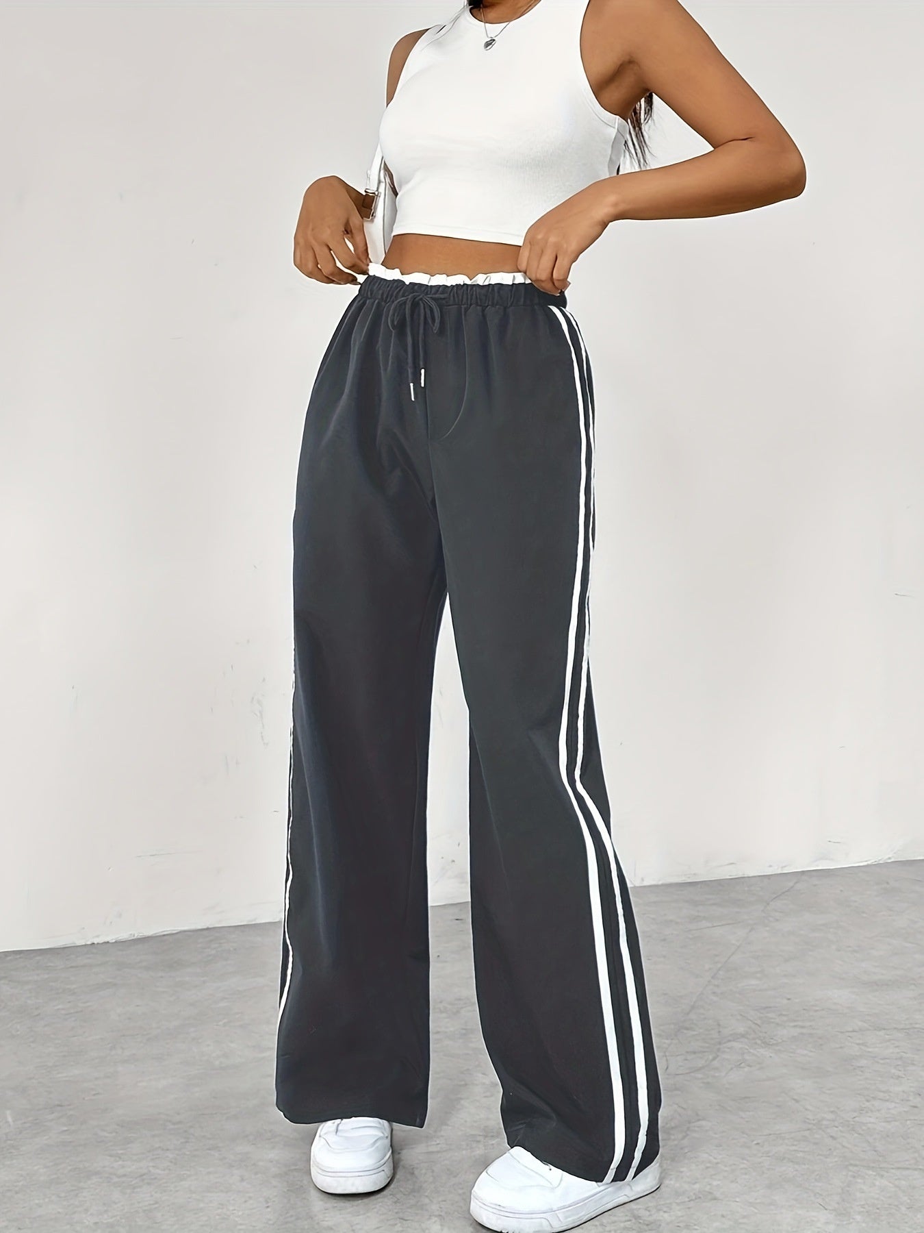 Elastic Waist Black Sports Straight Women's Trousers
