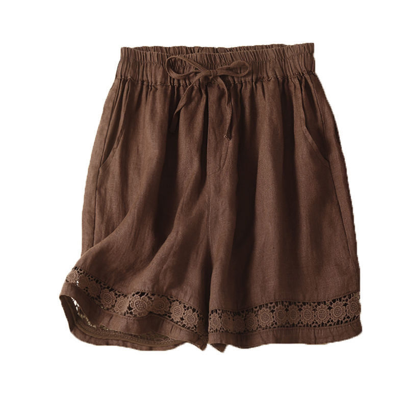 Thin Elastic-Waist Lace-up Hollowed-Out Casual Cotton-Linen Straight Pants