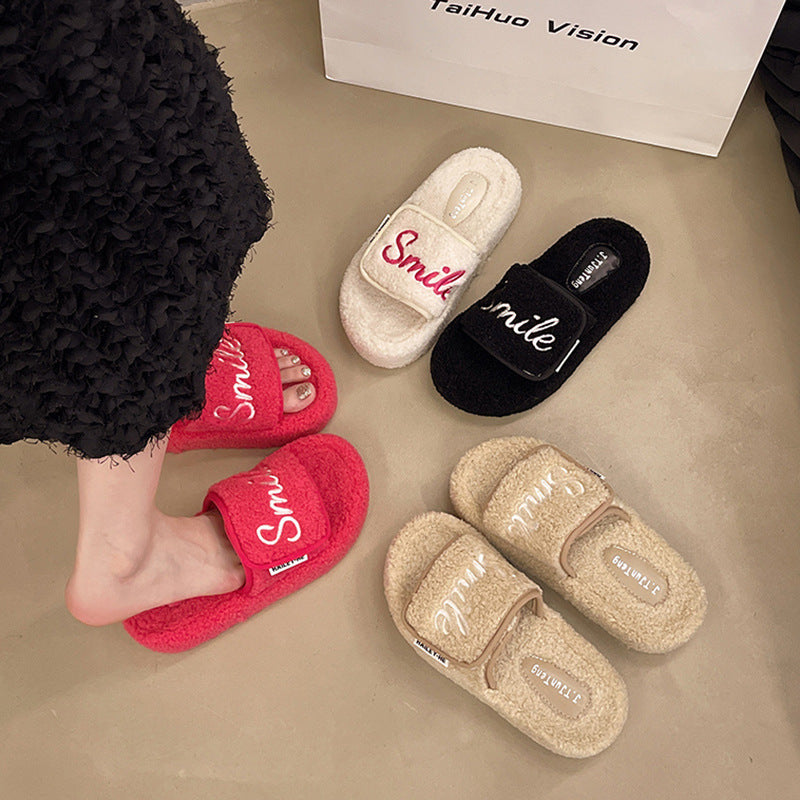 NEW Velcro Letters Thick Bottom Fluffy Slippers Women's Outer Wear