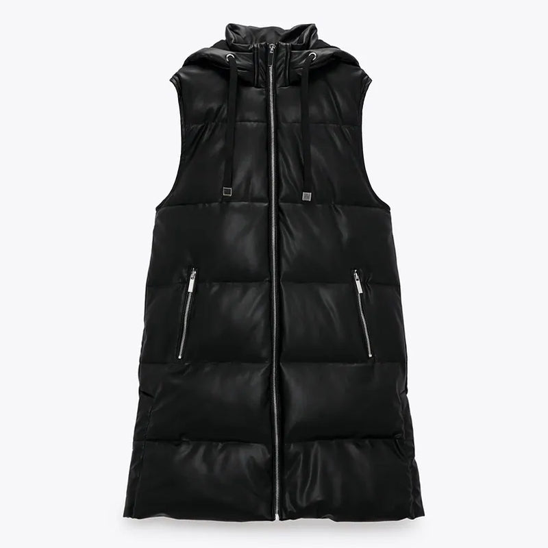 Pure Color Black Hooded Vest Women's Fashion Zipper PU
