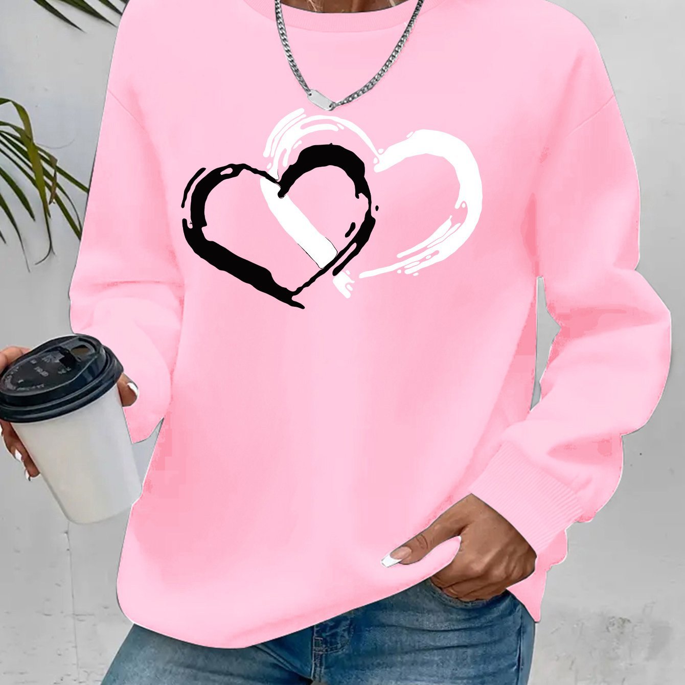 Hjerteprintet rundhalset afslappet sweatshirt dametøj