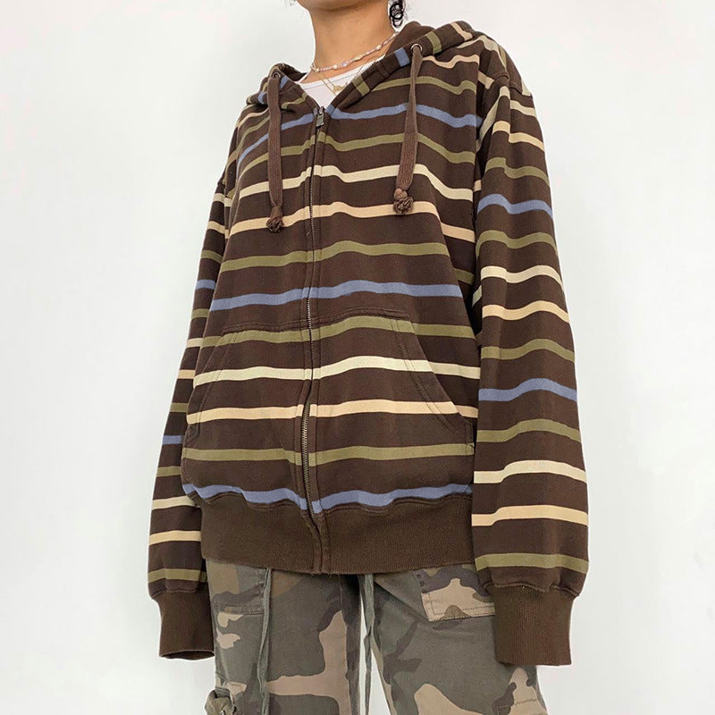 Fashion Stripe Printed Loose Hooded Sweater