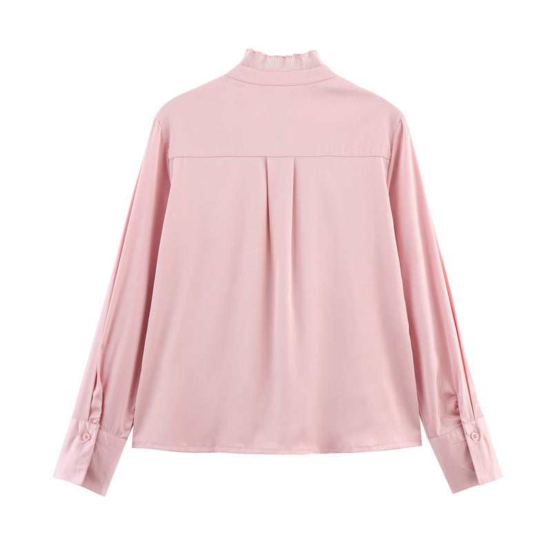 Satin Chiffon Flounce Trim Lace Up Long Sleeve Shirt