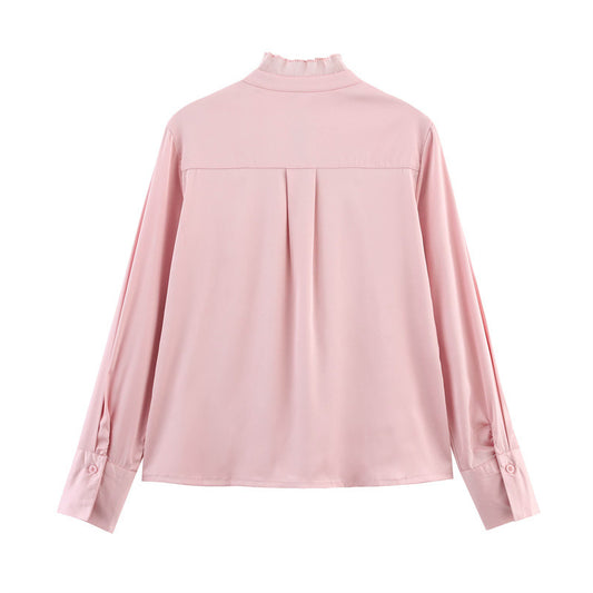 Satin Chiffon Flounce Trim Lace Up Long Sleeve Shirt