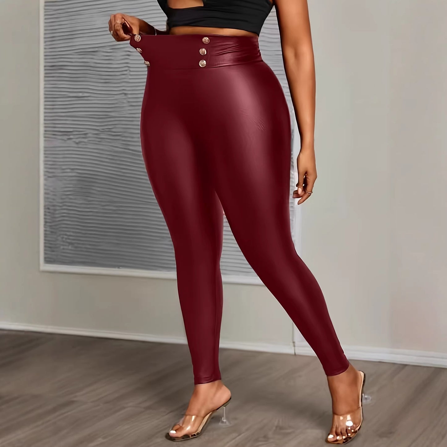 Plus-size Buttoned Tight-fit Figure-flattering Solid-color Stretchy PU Leather