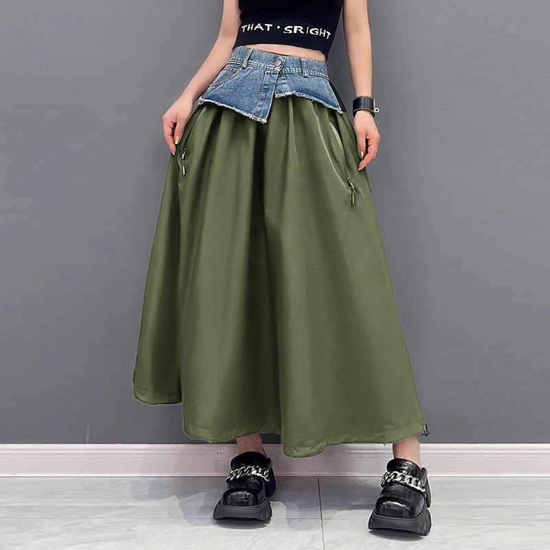 Women's American-style Color Contrast Patchwork Denim Skirt