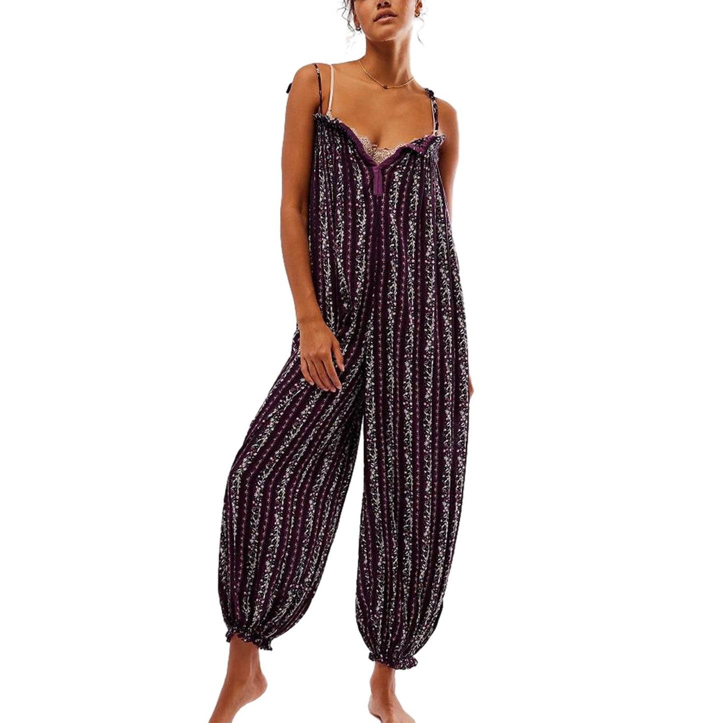 Womens Printed Loose-Fit Figure-Flattering Jumpsuit Pants