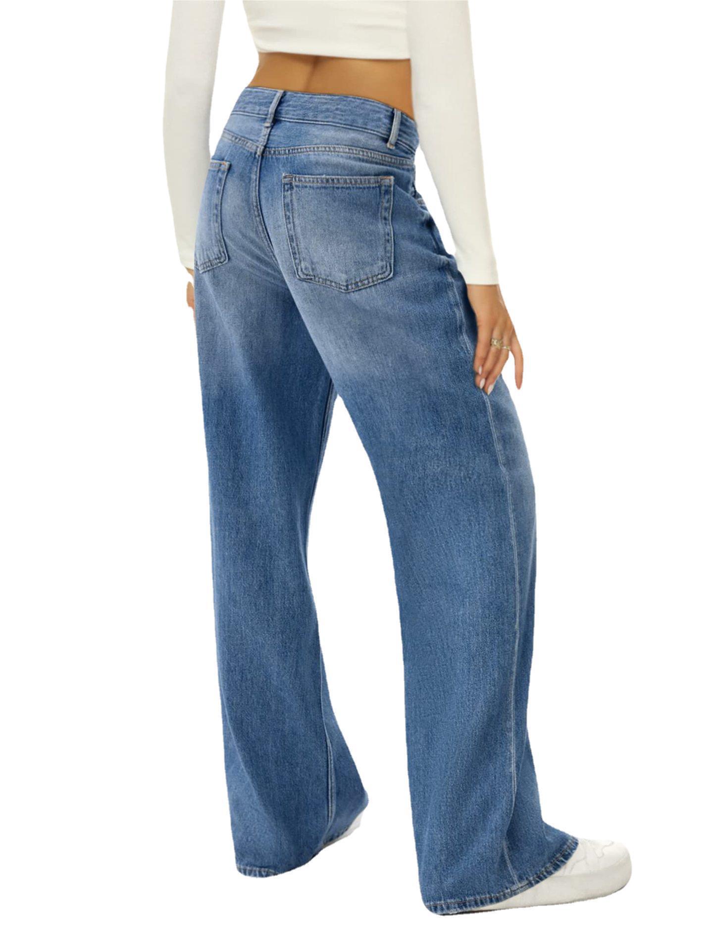 Dame Løse Jeans med Brede Ben Ensfarvede Afslappede Alsidige Denim Bukser