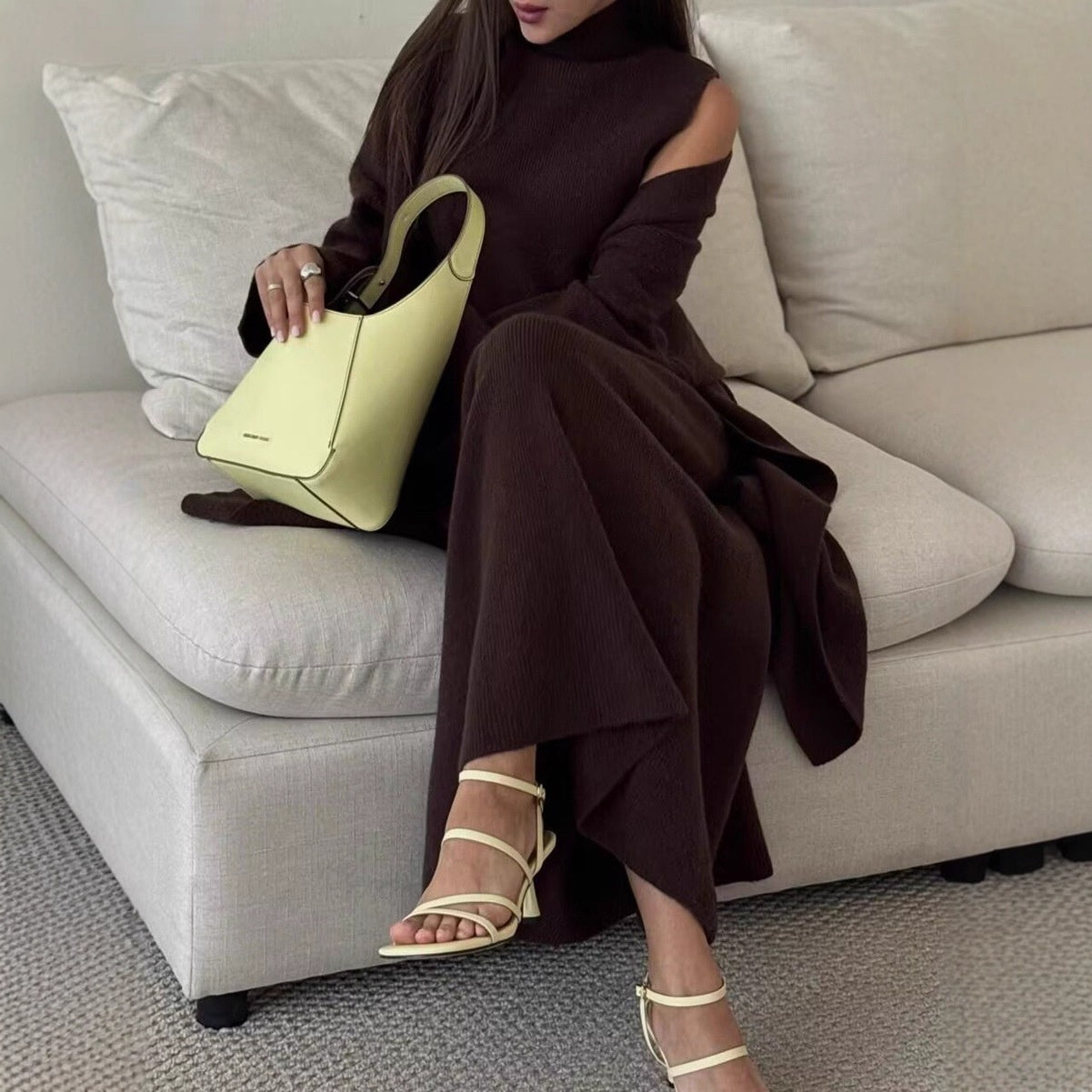 Turtleneck Sleeveless Vest Top And Fishtail Skirt Match Long Cardigan Three-piece Set