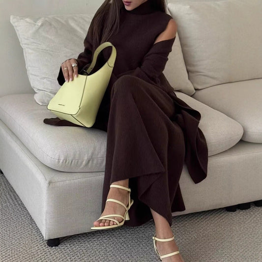 Turtleneck Sleeveless Vest Top And Fishtail Skirt Match Long Cardigan Three-piece Set