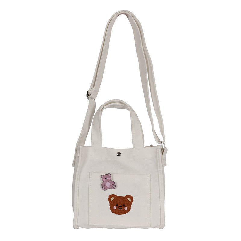Cute And Funny Personality Embroidery Bear Soft Girl Canvas Messenger Bag