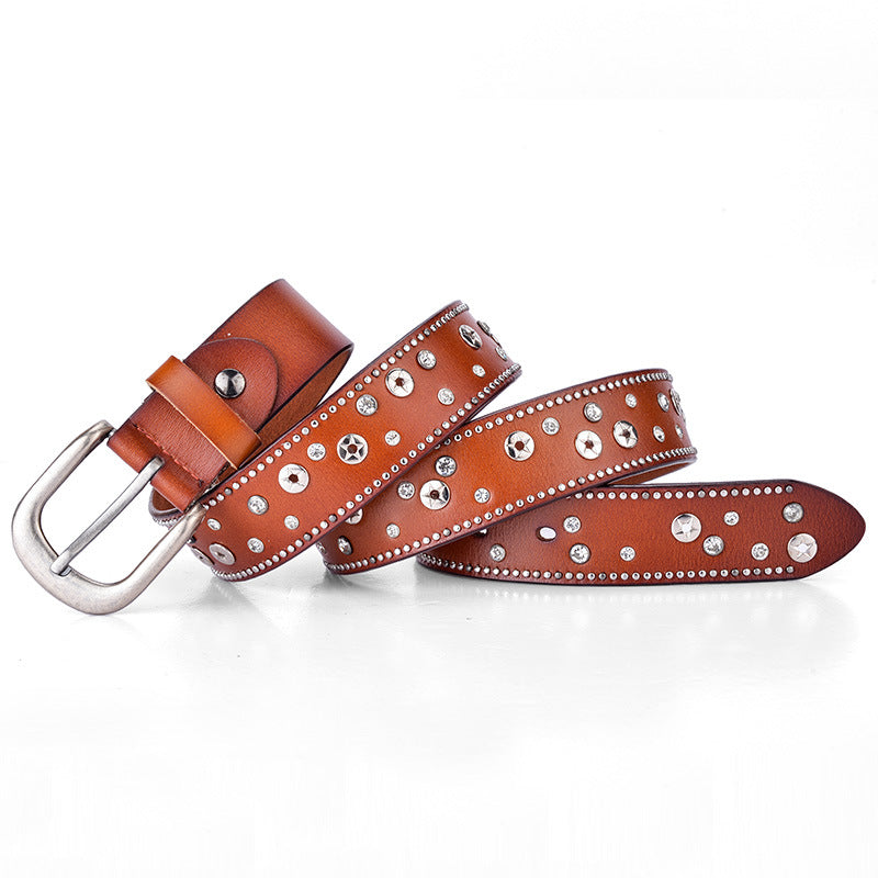 Fashion Trend Ladies Leather Rivet Rhinestone Inlaid Pin Buckle Belt