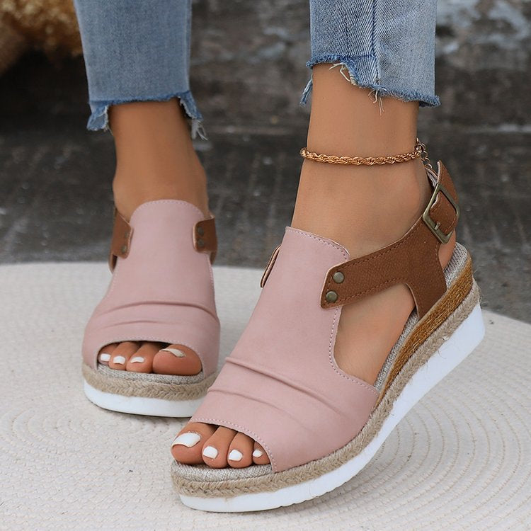 Fish Mouth Wedges Sandals With Straw Design Summer Peep Toe Buckle Beach Shoes For Women