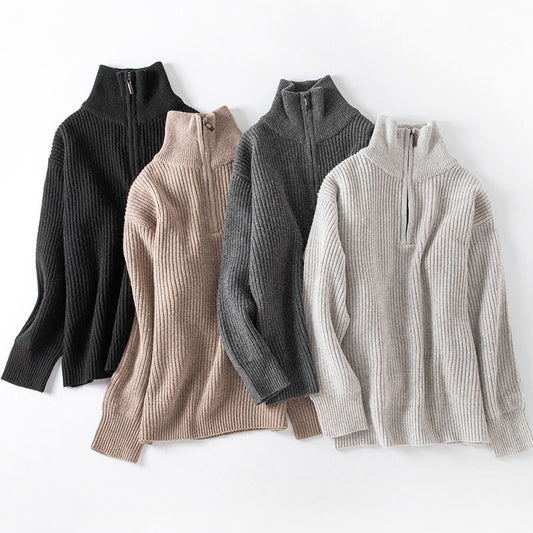 Fashion Halv Cardigan Løs Sweater Med Lodrette Forsænkede Striber