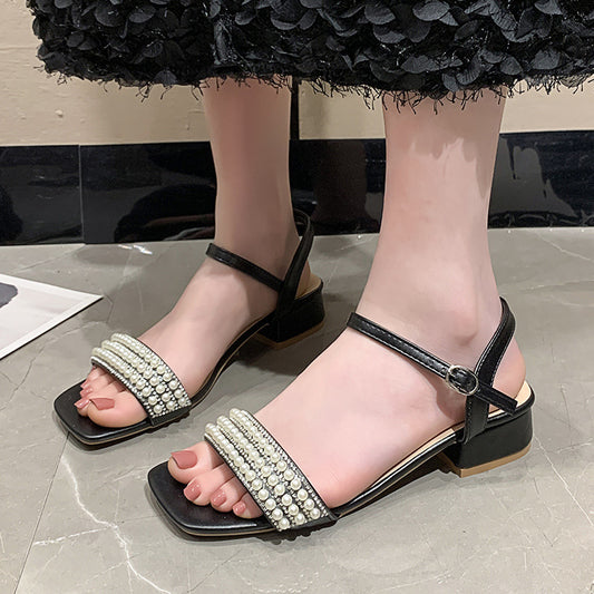 Women's Mid Heel Square Toe Ankle Strap Outerwear Sandals
