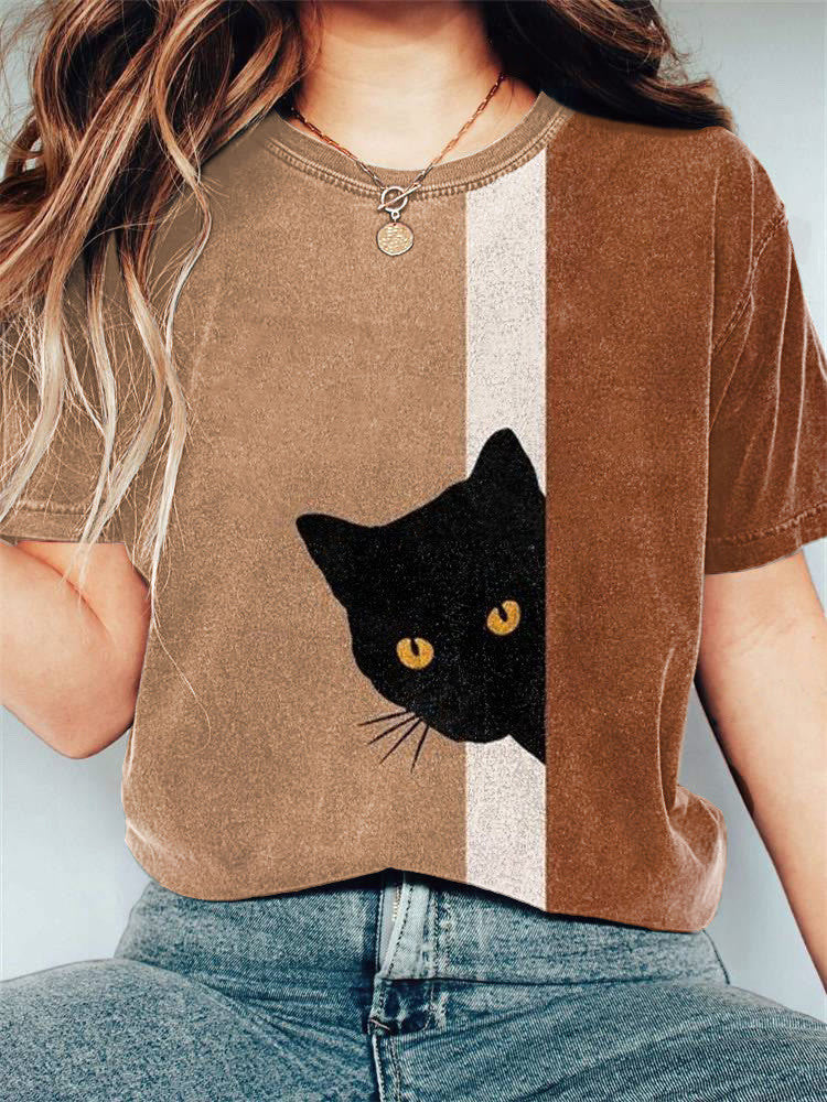 Kreativ Katte-mønster Trykt Digital-print Kortærmet Dame T-shirt