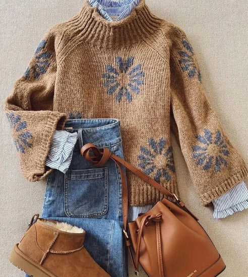 Women's Retro Brown Mock Neck Long Sleeve Sweater