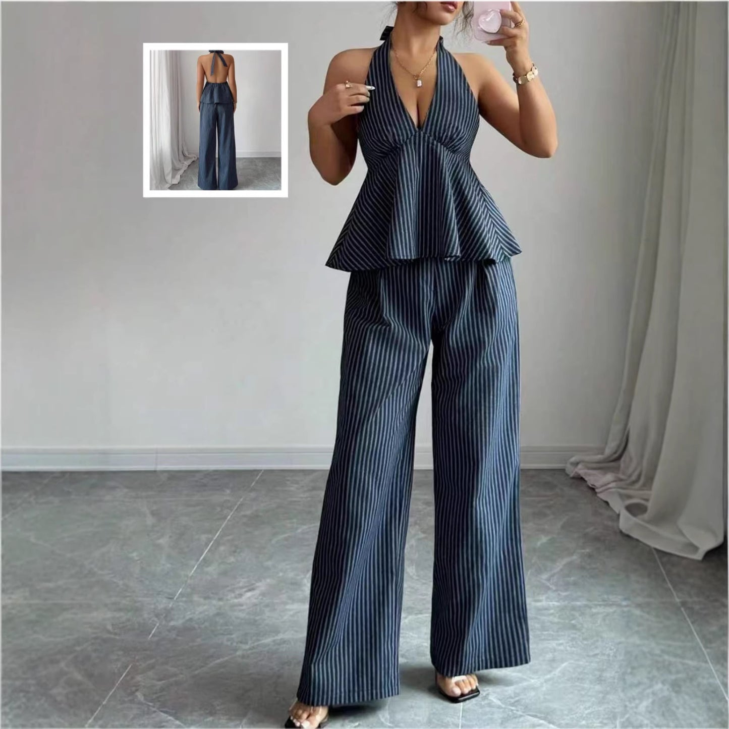 Sexy Backless Halter Jumpsuit And Straight Pants Fashionable Casual Set