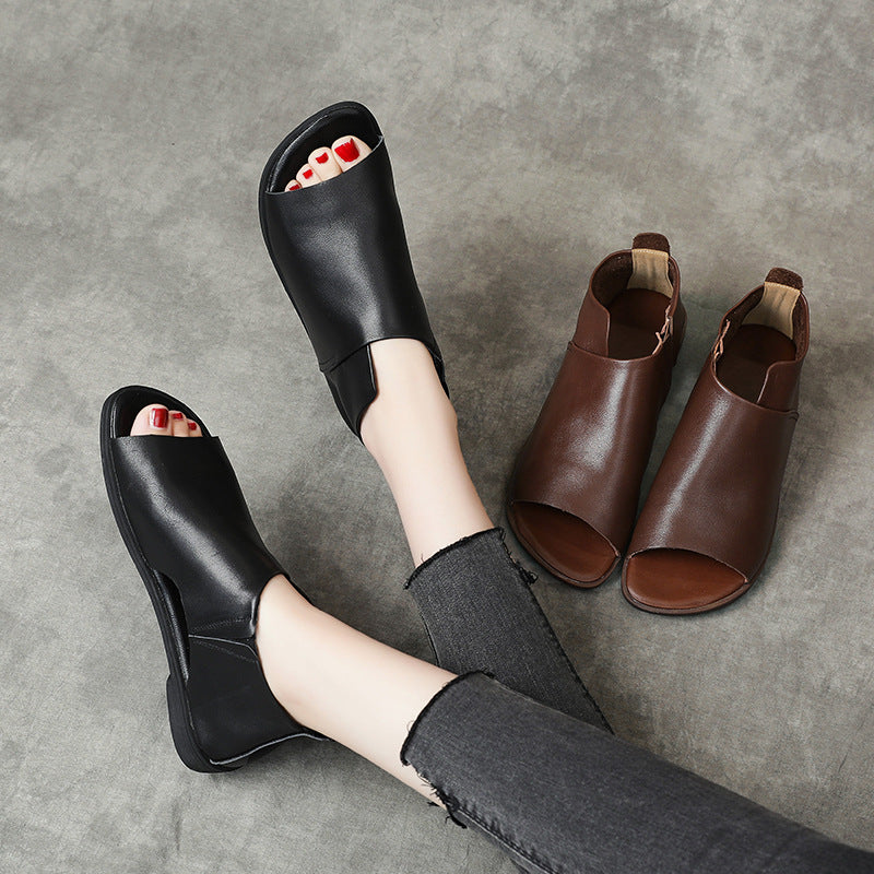 British Genuine Leather Slip On Peep Toe Sandals Flat