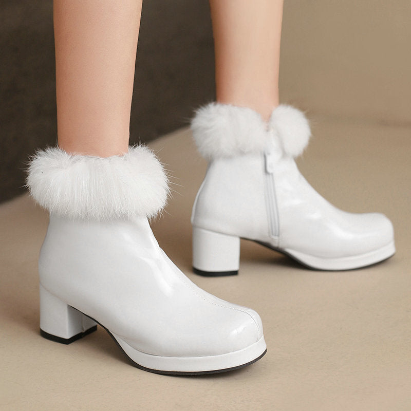Womens Short Boots For Fall Winter Patent Leather Chunky Heel