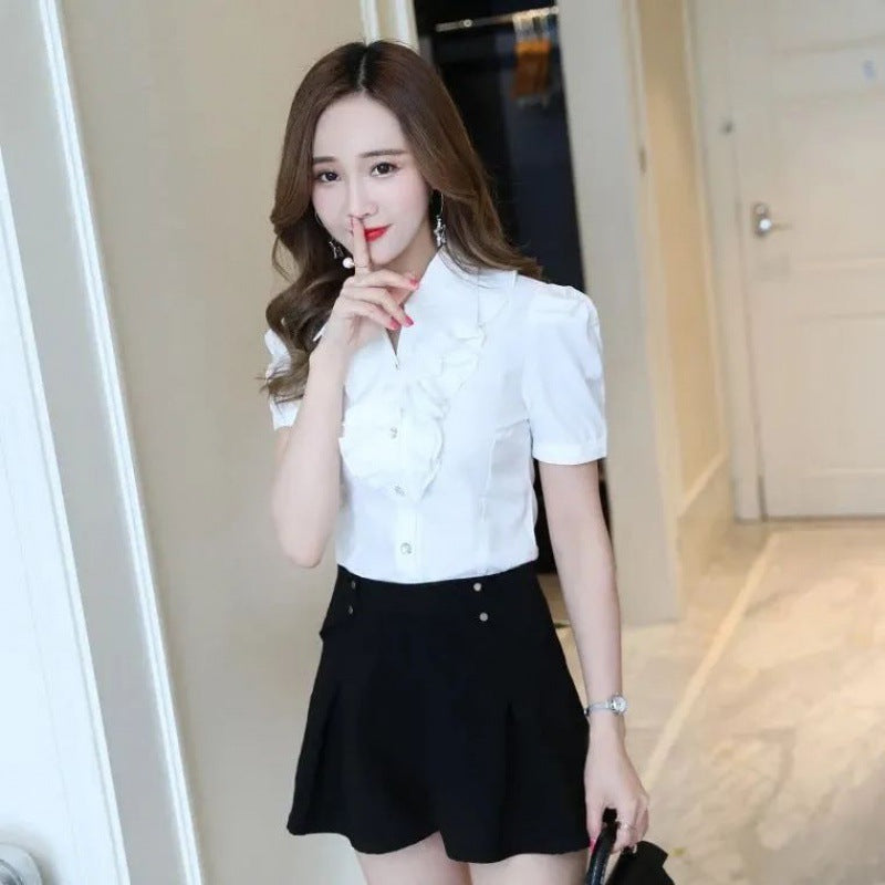 Ruffled Thin Puff Sleeve Loose Shirt