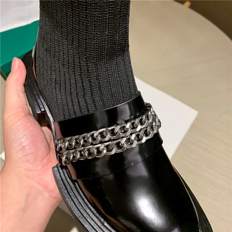 Women's Shoes Leather Knitted Stitching Thin Mid-tube Elastic Socks