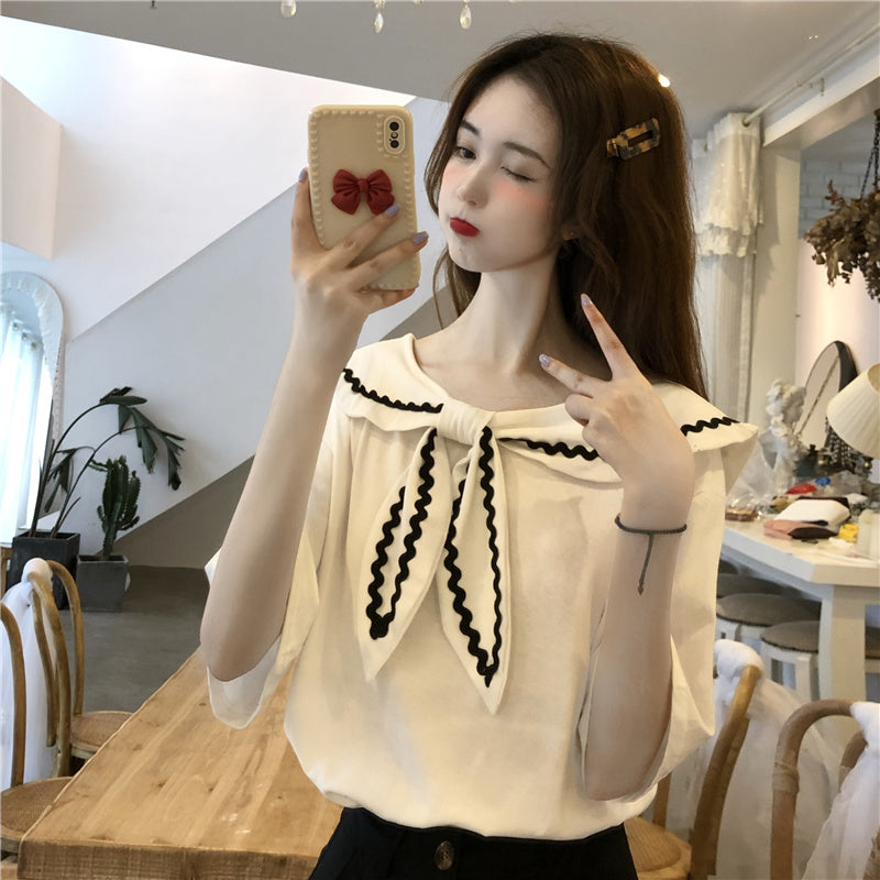 Short Sleeve Navy Collar Sweet Chic Top Prep Style