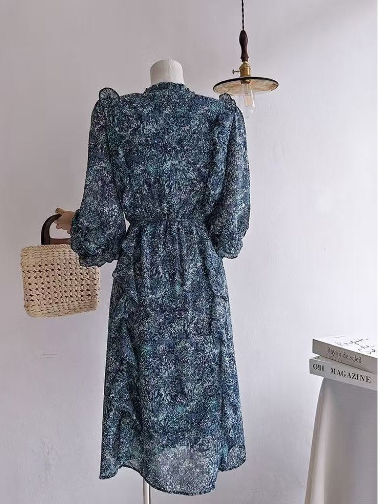 Women's Elegant V-neck Blue Floral Dress