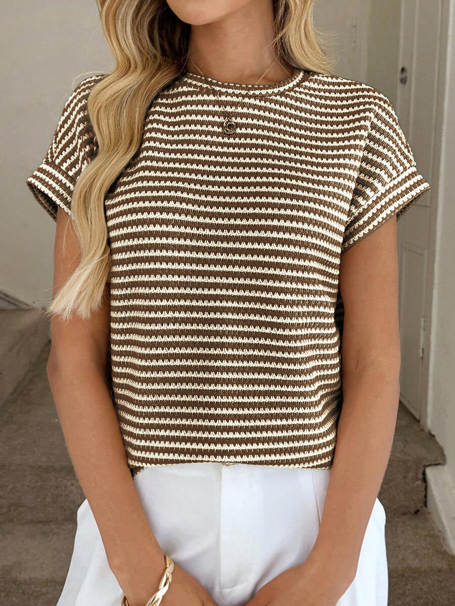 Crew-neck Two-tone Knitted Short-sleeve Top