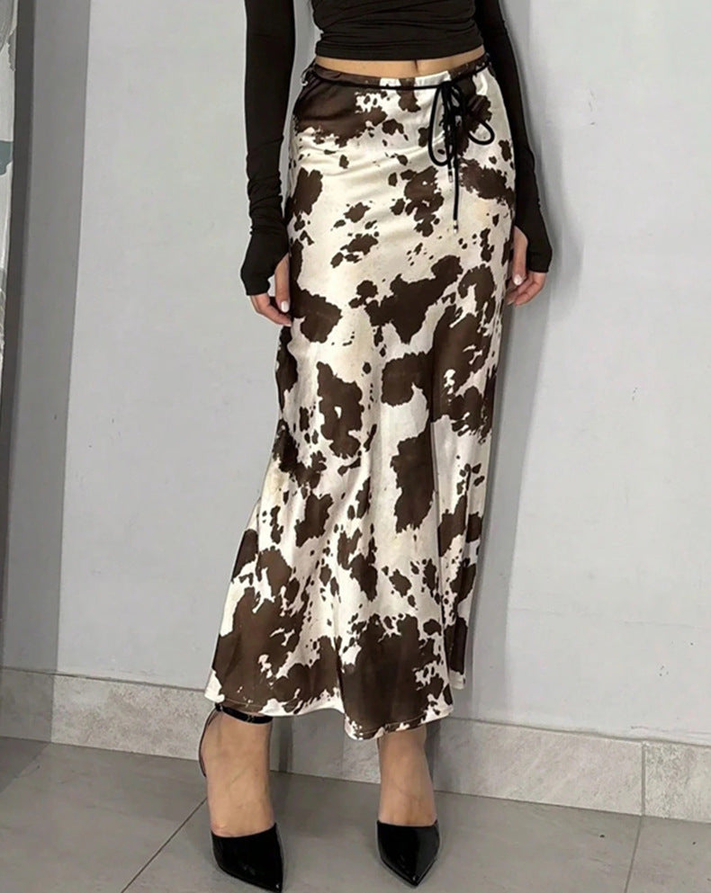 Satin-print Skirt Slimming Faux-silk Maxi Skirt For Fall And Winter