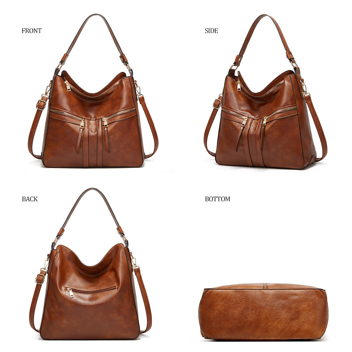 Trendy Double Zipper Soft Leather Large Capacity Totes