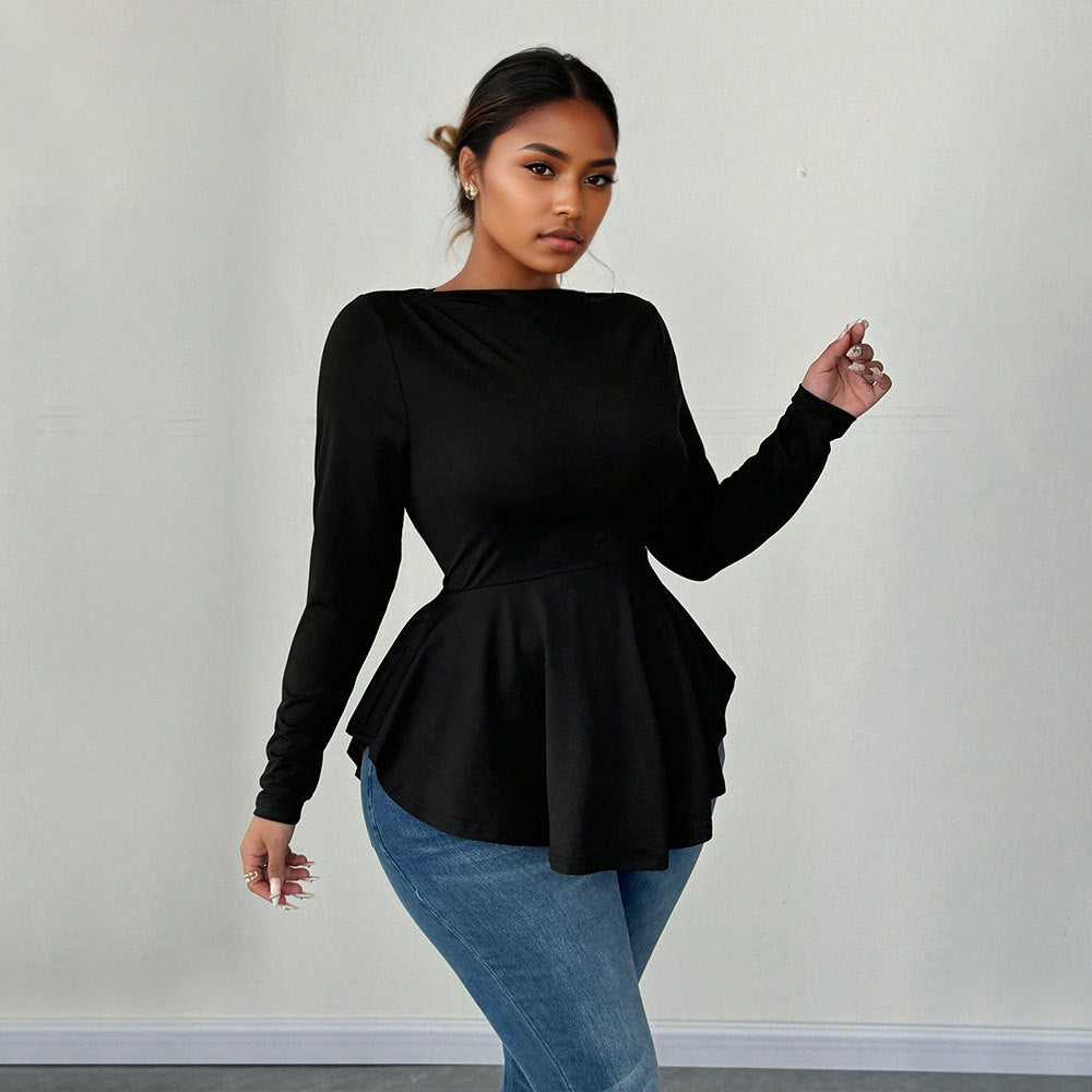 Irregular Hem Pleated Waist-cinching Long-sleeved Sexy Top