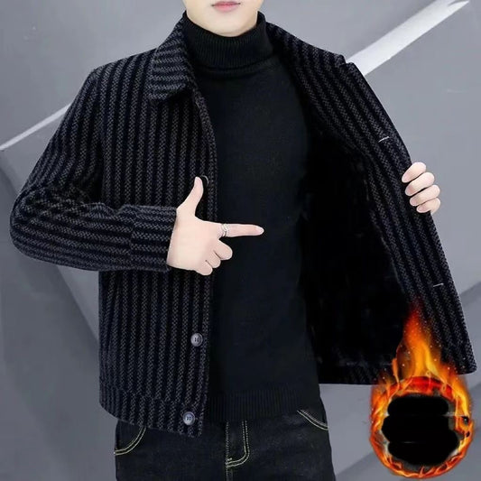 Men's Fleece-lined Thick Stripes Woolen Coat